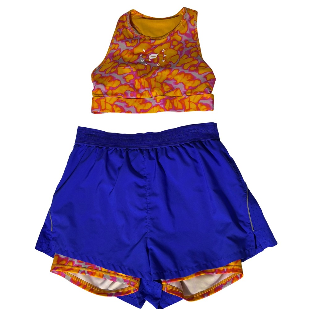 Fabletics Womens Large Surf Sand Sports Bra and Layered Shorts Set Blue Orange